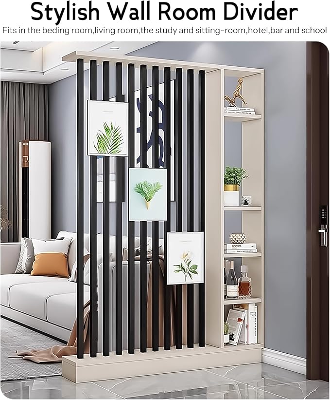 Wall Room Divider, Storage Cabinet Storage Display with Shelves, Modern Freestanding Wood Room Divider Screen, Wall Privacy Screens for Home Decorative (Beige+Black,55" L x 9.5" W x 79.5" H)