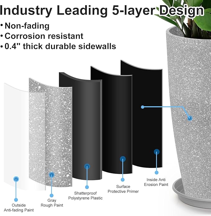 Tall Flower Pot Indoor - Outdoor Plant Pot - Gray Rough Planter - Elegant Stone Imitation - 12" Diameter 21" Tall with Drainage Holes and Saucer
