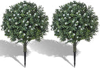 Artificial Boxwood Topiary Shrub with White Flowers,Set of 2 Artificial Boxwood Ball Bush with Metal Spike, UV Resistant Realistic Faux Shrubs for Garden, Yard, Patio, Porch Outdoor Decor