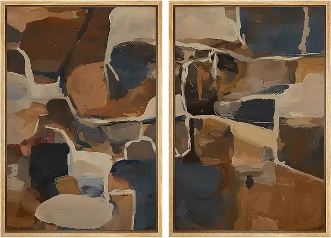 SIGNFORD Framed Canvas Print Wall Art Set Earthy Tones Abstract Layers Modern Brown and Blue Color Block Illustrations Modern Art Decorative for Living Room, Bedroom, Office - 16"x24"x2 Natural