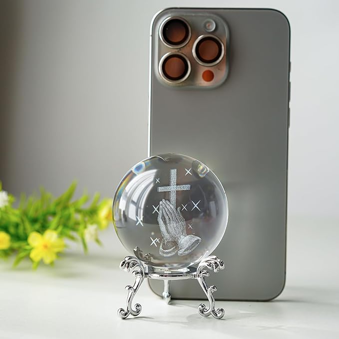 60mm 3D Laser Engraved Hand Holding A Cross Crystal Ball Figurine with Stand Christian Collectible Decoration for Home Office Praying Religious Gifts for Women