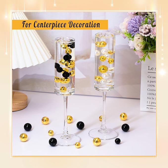 300Pcs Pearl Vase Filler, Black BrightGold No Hole Faux Pearl Beads for Centerpieces Vases, Candle Centerpieces, Wedding Birthday Party Home Decor 8/10/14/20mm