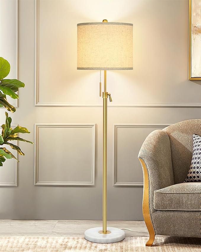 Modern Floor Lamp for Living Room, Adjustable Height Standing Lamp with Marble Base, Gold Tall Pole Light with Linen Shade for Reading Bedroom, Chain Switch, 8W 3-Way Dimmable Bulb Included