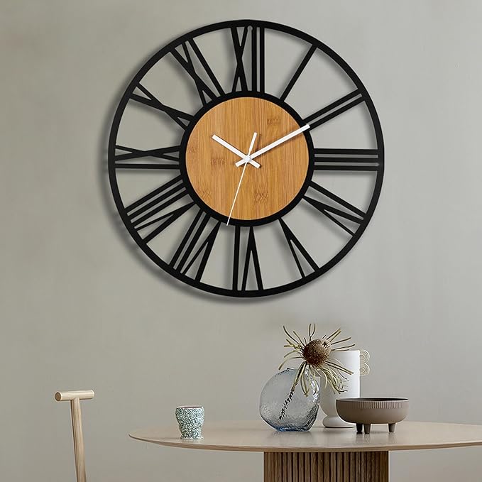 1st owned Wall Clocks for Living Room Decor,20" Vintage,Round Silent Non Ticking,Black Metal,Modern Wood Clocks for Home Bedroom,Kitchen,Garden,Office,Cafe,Modern Wall Decoration -Roman Numerals