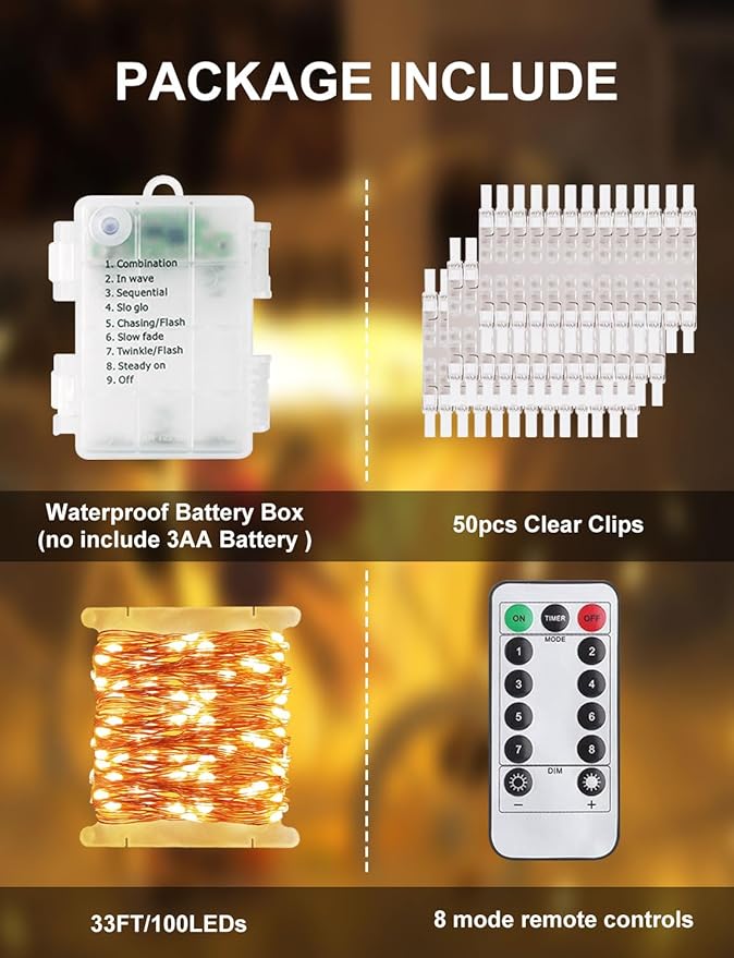 Photo Clip String Lights with Remote, 33FT 100 LED Battery Operated String Lights, Waterproof Copper Wire Starry Lights with 50 Clear Clips, Powered Fairy Lights for Teen Girl Gifts Bedroom 8 Modes