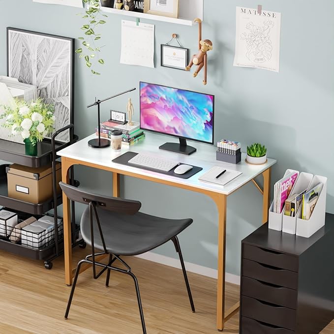 PayLessHere | 39 Inch Computer Desk | White Gold | Office Desk with Metal Frame, Adjustable Feet | Water-Resistant, Scratchproof Surface | Sturdy Writing Table for Home Office or Study | Pack of 1