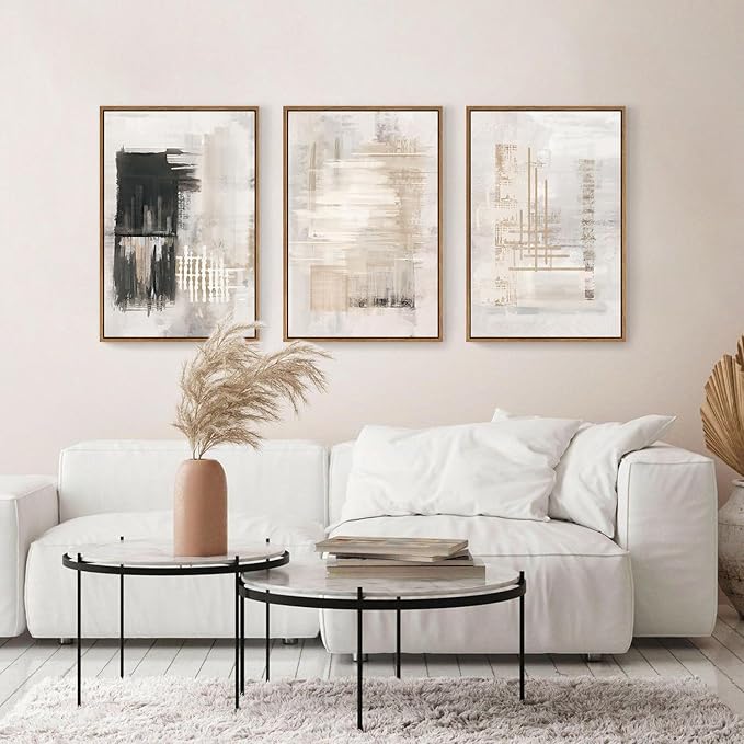 HPINUB Modern Abstract Canvas Wall Art, Set of 3 Framed Art Prints, Black and White Large Wall Painting, 16x24inch Neutral Minimalist Wall Decor for Living Room, Bedroom, Dining Room, Office, Bathroom