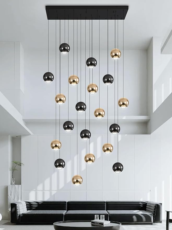 Rectangular Chandelier Crystal Balls Chandeliers Flush Mount Ceiling Light for Dining Room Living Room High Ceiling Chandelier for Staircase Foyer Entryway Black and Gold Chandeliers 2700k-6000k