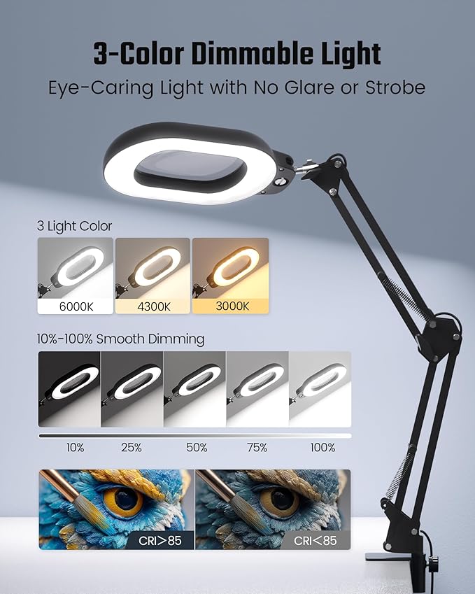 Magnifying Desk Lamp, 10X Square Magnifying Glass with Light and Stand, Dimmable LED Magnifier Lamp with Clamp and Base, Adjustable Swing Arm Light for Close Work, Reading, Crafting, Black