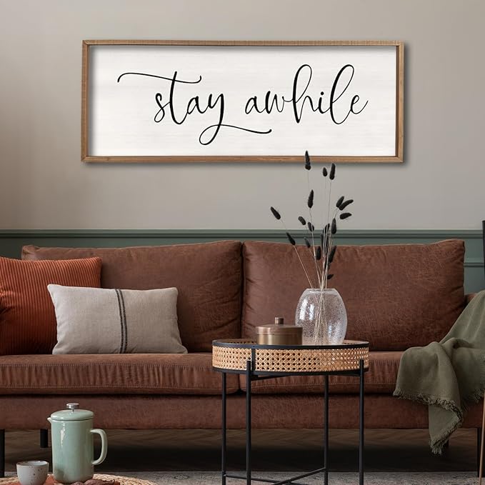 Stay Awhile Sign Wall Decor Sign 40"X15" Large Living Room Entryway Wood Framed Rustic Wall Decor for Vintage Farmhouse Foyer Hanging Lets Stay Home Wall Art (Wood)