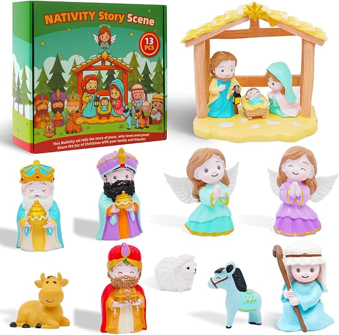 13Pcs Nativity Scene Educational Toy for Kids, Christmas Little Figurines Nativity Set, Reenact Miniature Nativity Figures Christian Toys for Toddler 3 4 5 6 7+ Christmas Birthday Gift