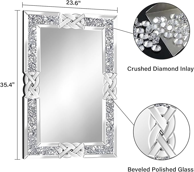 Crushed Diamond Decorative Wall Mirrors, 24x36 Inch Rectangle Living Room Mirrors for Wall Decor, Modern Glam Bathroom Dining Room Entryway Mirror Silver