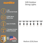 Sunlite 80571 24ft Outdoor String Lights, 1.5W Commercial Grade, Waterproof, Linkable Strands, UL Listed, 7 Hanging Sockets, Shatterproof LED Edison Bulbs Included, 2700K Warm White