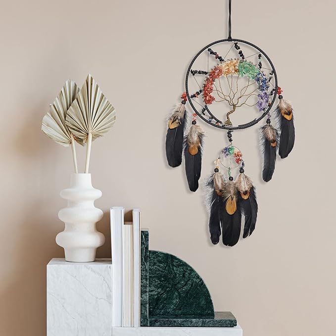 7 Chakras Dream Catchers Tree of Life Dream Catcher Black Feather Wall Decor with Rainbow Healing Crystal Stone Ornaments Wall Art Hanging for Bedroom Home Decor Blessing Gift Wedding Party -23.6"