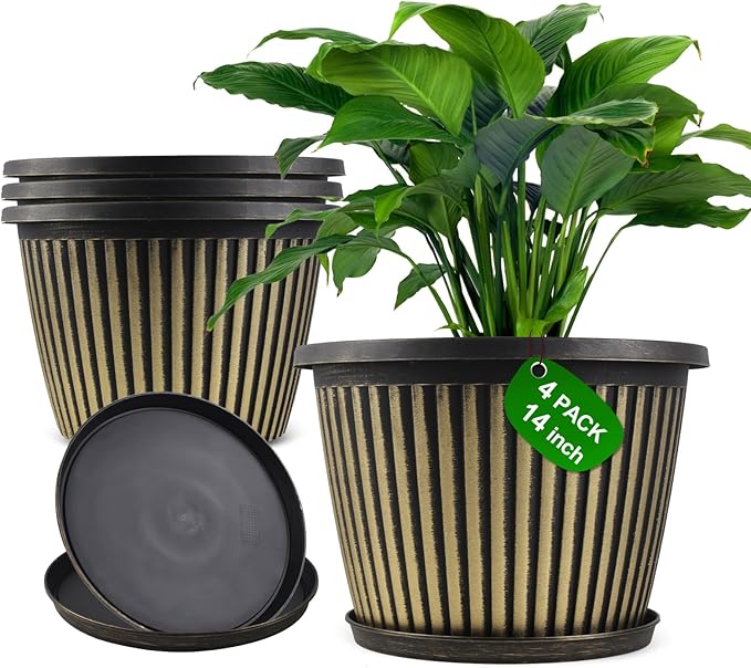Large-Planter-Indoor-Outdoor Plant Pots, 14 inch 4 Pack Plastic Flower Pots with Saucer And Drainage Holes, Modern Garden Planters For Planting Medium Large Plants， Decorative Resin Garden Pots