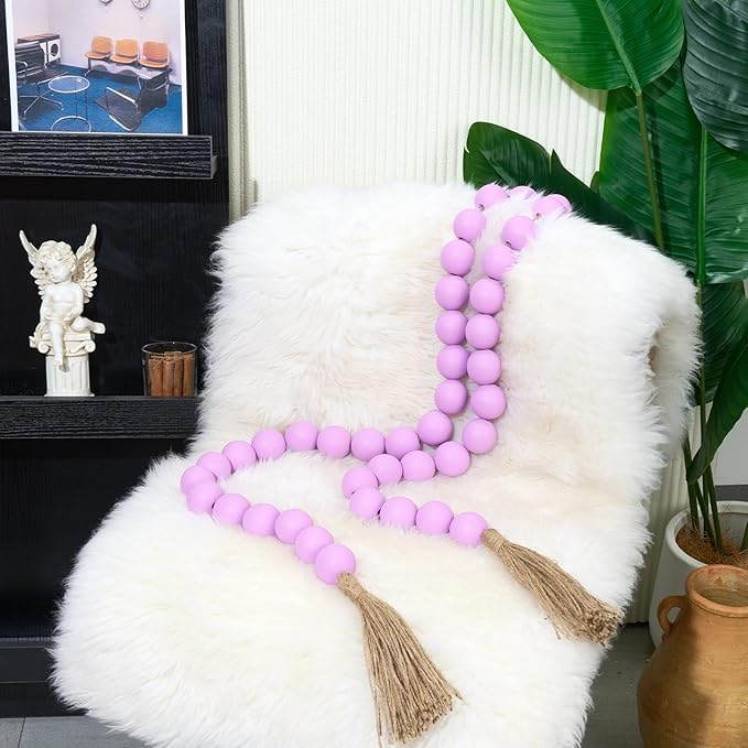 OMISHE 76" Long Large Wood Bead Garland with 1.6" Diameter Wooden Beads and Tassels, Rustic Farmhouse Country Wood Beads Garland for Home Tiered Tray Decor, Decorative Beads with Tassels Purple