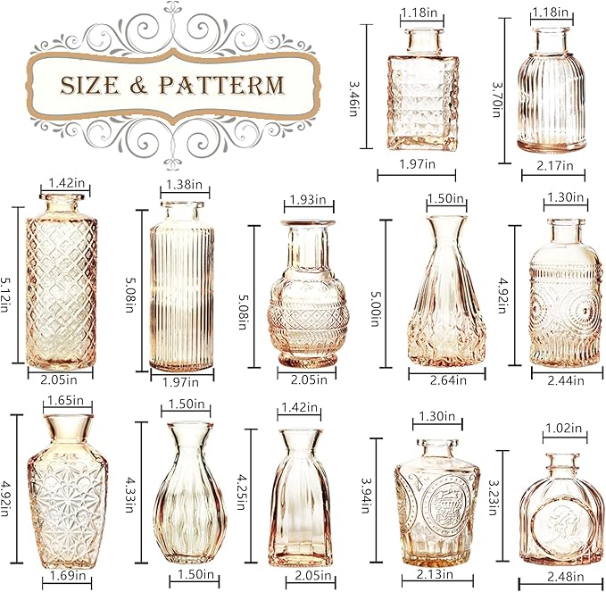 Bud Vases Set of 12,Glass Bud Vases in Bulk,Small Flower Vases for Centerpieces,Mini Vintage Vase for Wedding, Home Table Decor,Christmas,Party Decoration,Gold Amber