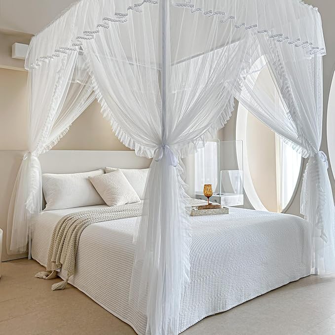 AIKASY 4 Corners Post Ruffle Princess Bed Canopy Curtain - Double Layer Cozy Drape Netting with 4 Openings - Elegant Mosquito Net for Girls and Adults Bedroom Decoration (White, King)