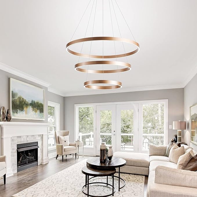 MADEM Modern LED Chandelier 3-Ring Circular Dimmable Pendant Light Contempoary Chanderlier Flush Mount Pendant Lighting for Living Room Dining Room, Bedroom,3000K-6000K,Gold