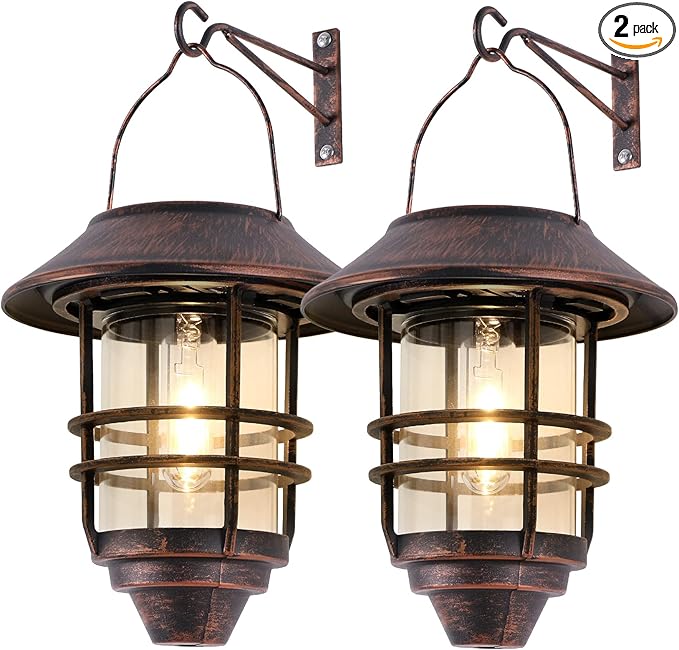 Solar Lantern Outdoor, Hanging Waterproof Solar Lights with Wall Mount Kit for Garden Porch Fence 2 Pack,Bronze