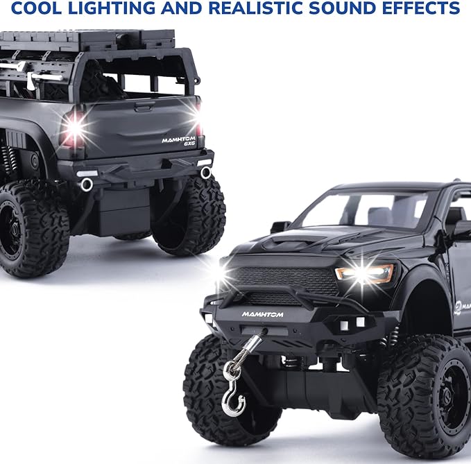 Pickup Truck Toy 1/24 Diecast Trucks Mammoth Model Car Kits,Metal Toy Truck Suitable for Kids and Car Collection,Pull Back Cars with Light and Sound,Trucks for Kids Ages 4-8（Black）