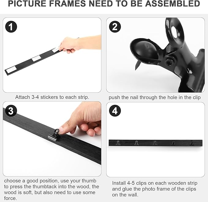 6 Picture Frames Collage Wall Decor With 30 Clips, Wood Photo Frame, No Drilling Required, Adhesive Stickers, Easy to Install, Black.