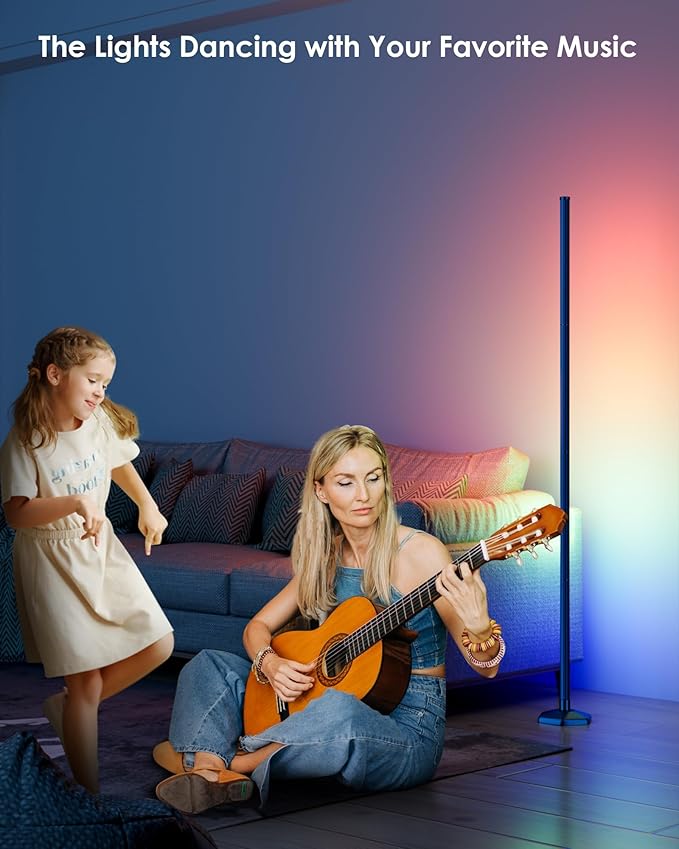 RGB+W Corner Floor Lamp, 65" Color Changing 24V LED Floor Lamp with Cool White Bluetooth APP Remote Control Music Sync Modern Stand Lamp 16 Million DIY Colors for Living Room Bedroom