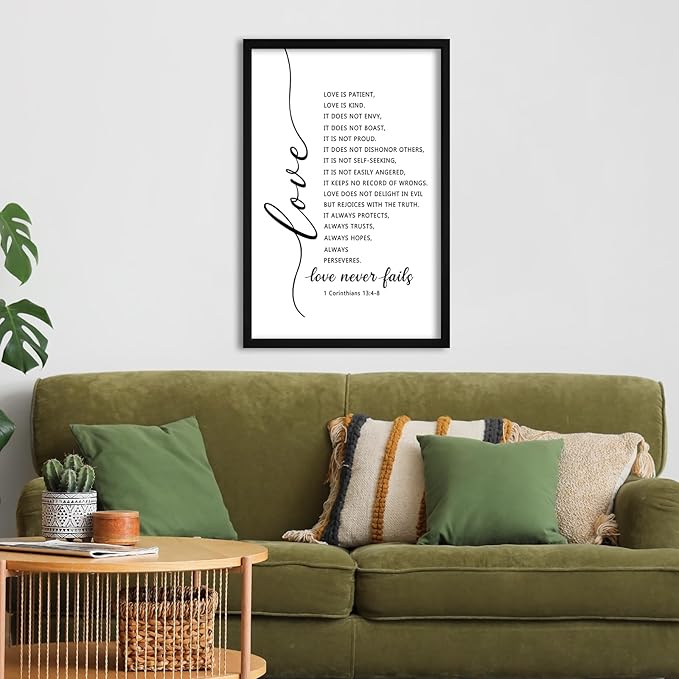 flowtorely Love Is Patient Kind Sign 1 Corinthians 13 Wall Decor 24"×16" Love Never Fails Quotes Bible Verse Wooden Framed Wall Hanging Art (Black)