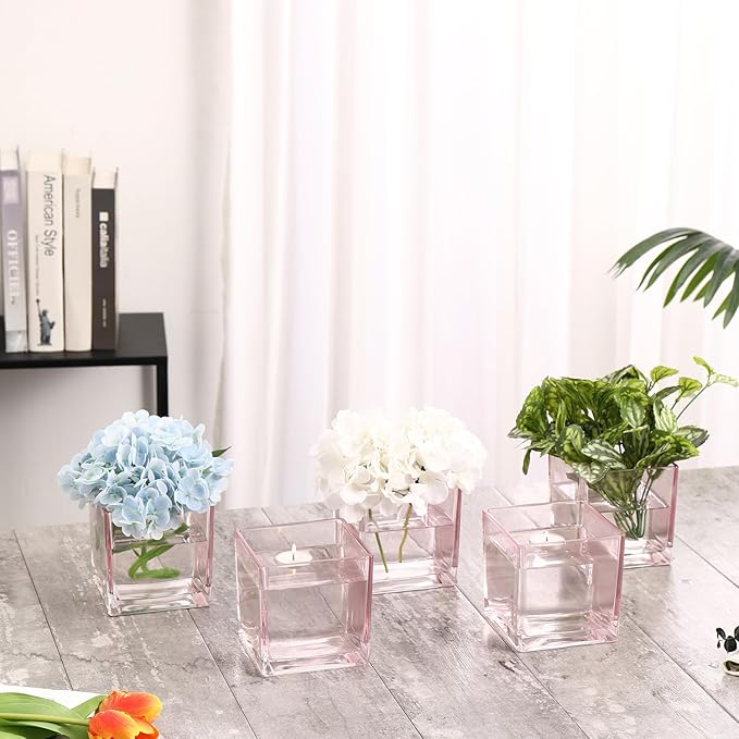 Square Glass Vases Set of 4, 5" x 5" x 5" Pink Flower Vases for Centerpieces, Square Vase for Flowers, Small Vase for Wedding, Party, Home Office Decoration