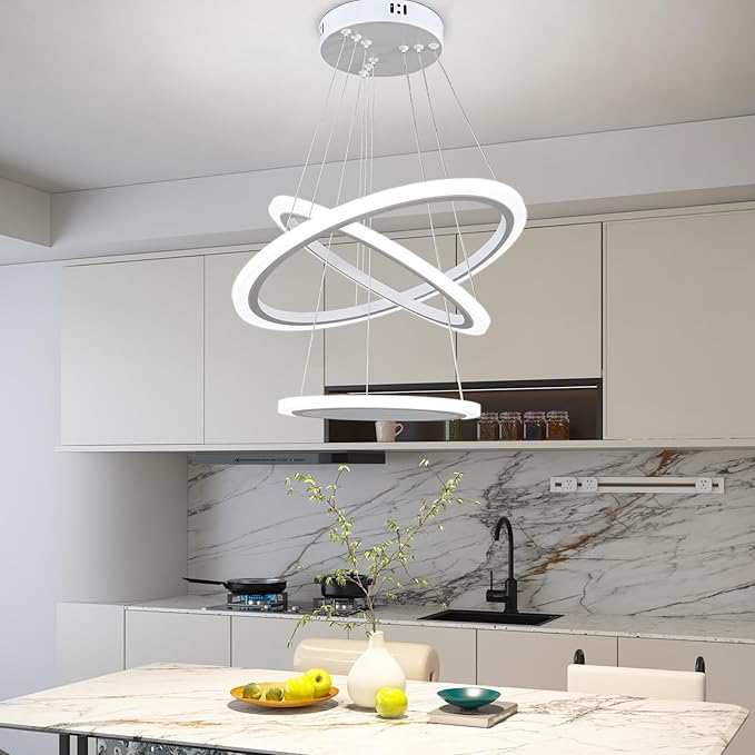O'NEELDY Modern LED Chandeliers White Pendant Light Fixture 3 Ring Flush Mount Chandeliers with Adjustable Hanging Cord for Bedroom,Kitchen, Island Cafe