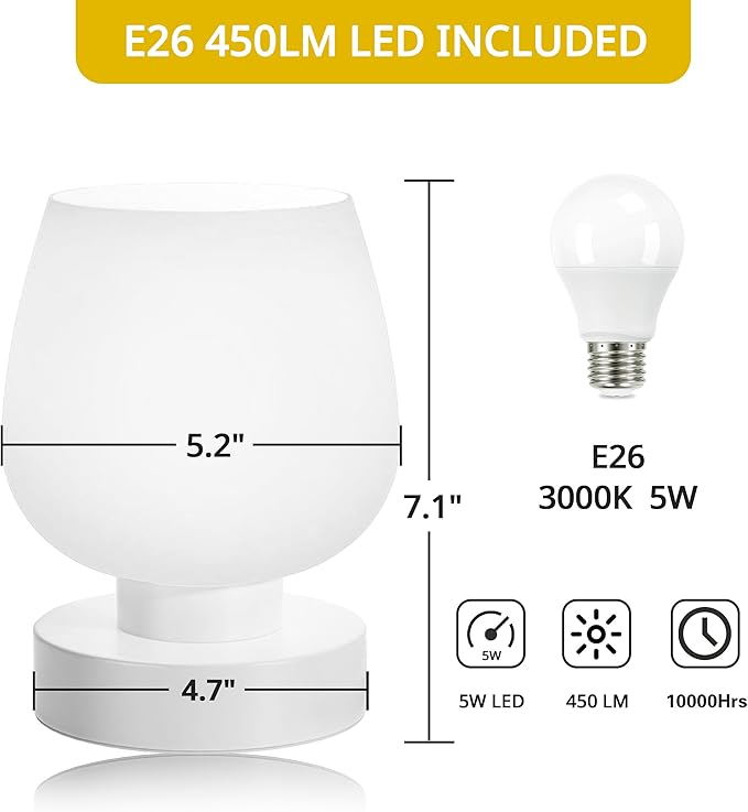Cordless Bedside Lamp, Portable Rechargeable Table Lamps for Bedroom for Night Stands, Touch Stepless Dimmable Desk Lamp, Warm LED Bulb, Round Shape, 1 Set, White