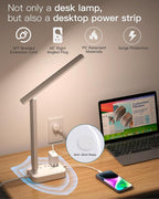 Addtam LED Desk Lamp, Power Strip with 3 Outlets 4 USB Charging Ports(2 USBC), 4 Modes 5 Level Brightness Touch Lamp, Small Desk Lamp for Home Office College Dorm Room Essentials, White