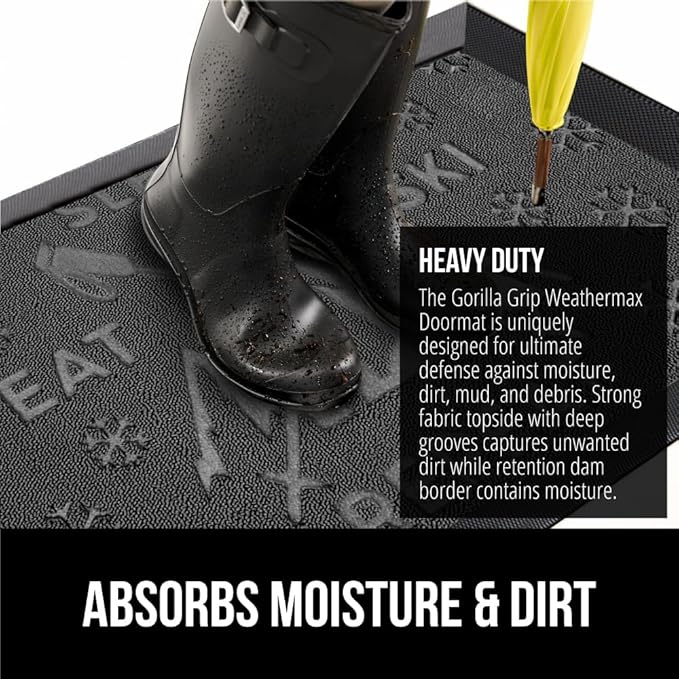 GORILLA GRIP 100% Waterproof All-Season WeatherMax Doormat 35x23, US Designed Natural Rubber, Stain and Fade Resistant, Low Profile Indoor Outdoor Door Mats, Easy Clean Patio Mat, Graphite Skiing