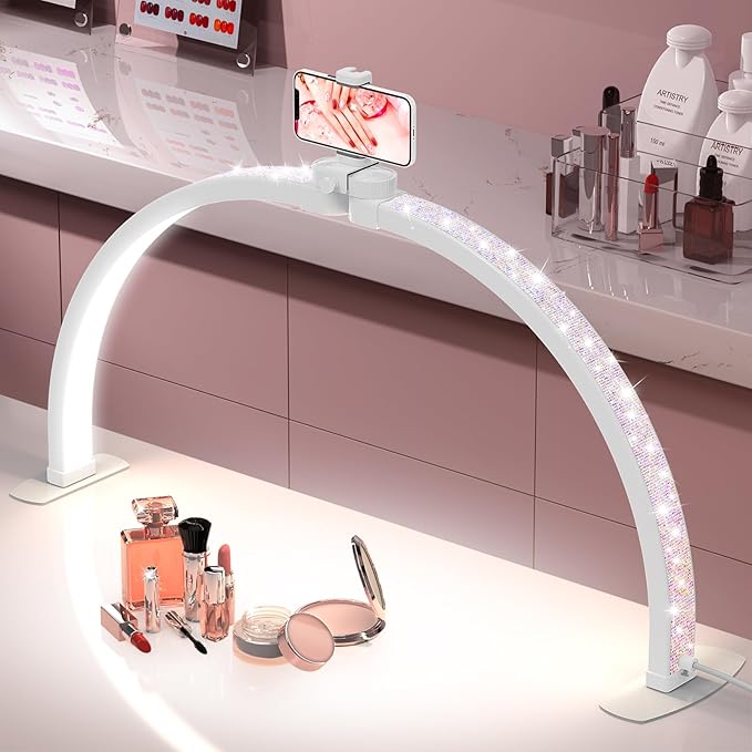 Foldable Large Half Moon LED Light,22" Arch Light with Rhinestone-Encrusted for Table Nail Desk with Phone Stand, Upgrade Arch Light for Nail Techs (White, Small)