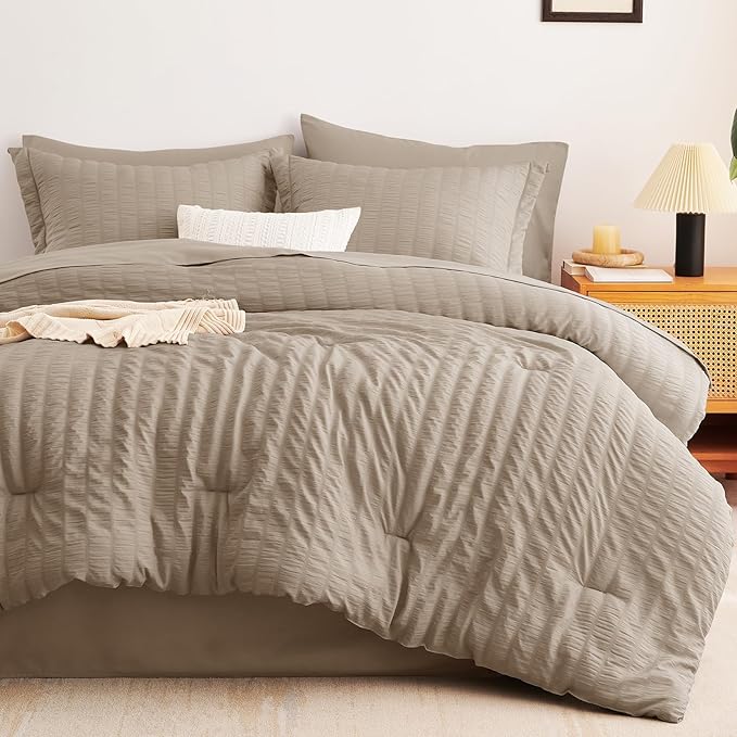 CozyLux Full Size Comforter Sets with Sheets Seersucker 7 Pieces Khaki Bed in a Bag Textured Luxury Soft Bedding Set with Down Alternative Comforter, Sheets, Pillowcases & Shams for All Seasons