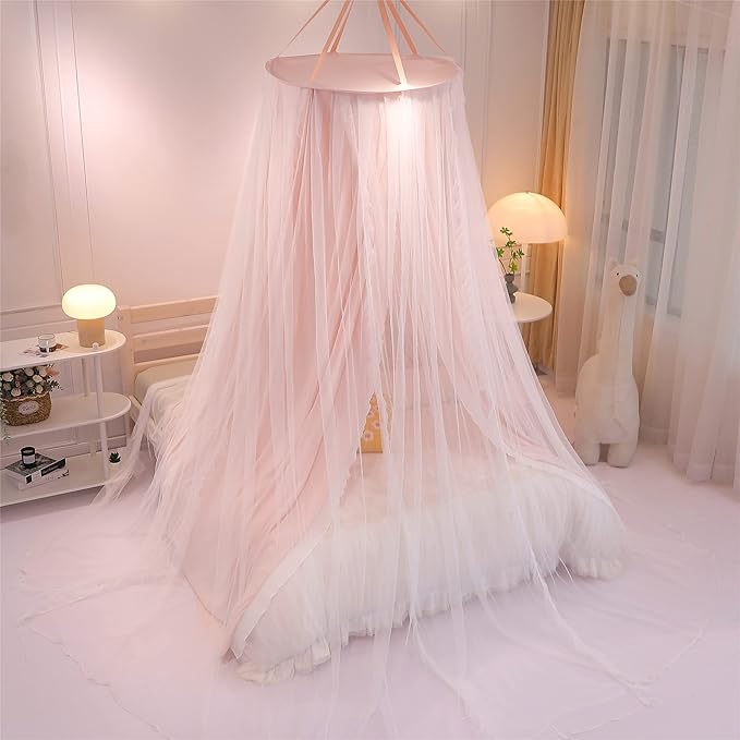 VETHIN Double Layer Princess Round Dome Canopy Bed Curtain for Girls Adults,Children Dreamy Mosquito Net,Cute Bedroom Decoration Castle Play Tent Reading Nook Canopies(Dome-Pink/White)