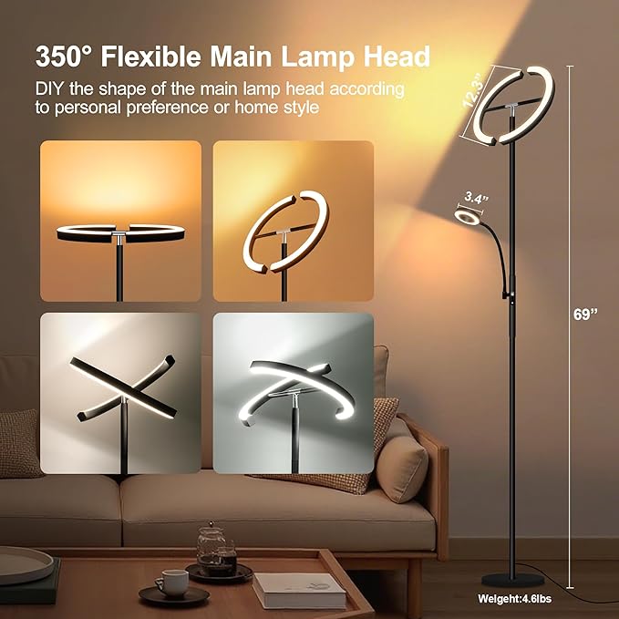 Floor Lamps for Living Room, Upgraded 2-in-1 Dimmable Standing Lamp 3000-6500K, 29W Rotatable Floor Reading Light, Remote and Touch Control Uplighter Floor Lamp for Living Room Bedroom Office