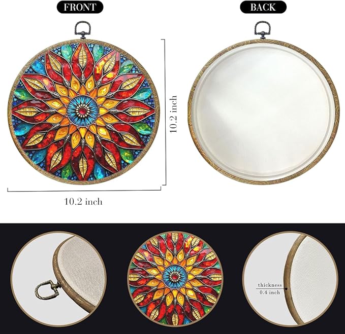 Colorful Geometric Mandala Framed Round Wall Decor Canvas Wall Art Hanging Prints Artwork for Home Office Kitchen Nursery Bedroom Living Room Porch Garden Birthday Decorations 10.2X10.2 Inch