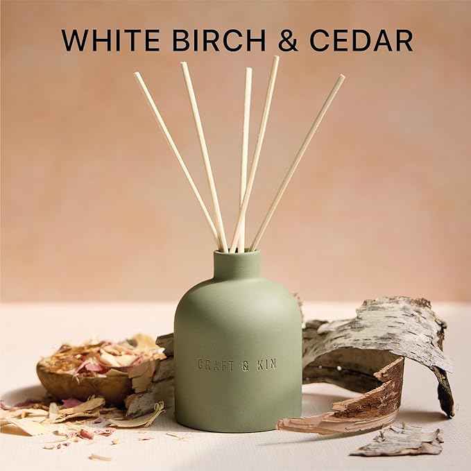 Craft & Kin Reed Diffuser for Home & Bathroom – White Birch & Cedar Reed Diffuser Set with Fragrance Sticks, Long-Lasting Alcohol-Free Scent, Fall Earthenware Collection, 6.7oz
