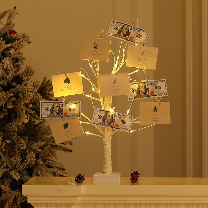 Money Tree Gift Holder, Pre-lit Birch Tree, Battery/USB Powered Light Up Display Twig Gift Card Treelight with 22 Clips and 6 Cards for Home Christmas Graduation Photo Memo