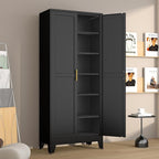 Metal Pantry Cabinet with 2 Doors and 5 Adjustable Shelves, 75" Kitchen Storage cabinets with Gold Handles, Versatile Storage for Laundry Room, Living Room, Bathroom, Dinning Room, Utility Room-Black