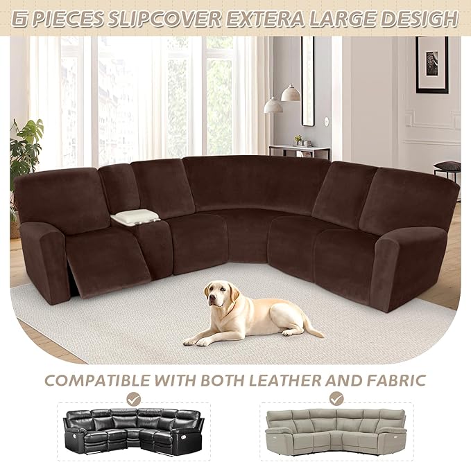 Arfntevss Sectional Recliner Couch Covers Velvet Washable Corner Sectional Sofa Cover for Reclining Stretch Soft Thick L Shape Recliner Slipcover Set (5 Seat with 1 Console Cover, Dark Brown)