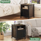 FATORRI End Table with Storage, Rustic Side Table for Living Room, Narrow Wood and Metal Bedside Tables with Door (Walnut Brown)