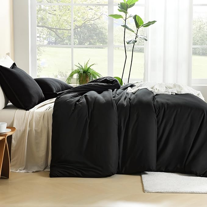 Litanika Black Comforter Full Size, 3 Pieces Boho Lightweight Solid Bedding Comforter Set, All Season Fluffy Bed Set (79x90In Comforter & 2 Pillowcases)