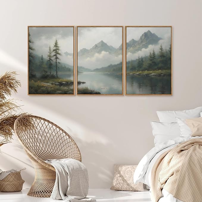 SIGNINART Large Misty Mountain Framed Canvas Wall Art, Green Forest River Scenery Wall Decor, Modern Foggy Wooden Landscape Artwork, Oil Style Nature Art Print for Living Room Bedroom Office 24"x36"x3