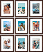Vittanly 8x10 Picture Frames Set of 9, Shatter Resistant Plexiglass, Display 5x7 Pictures with Mat or 8x10 without Mat, Photo Frames for Wall or Tabletop, Engineered Wood, Walnut