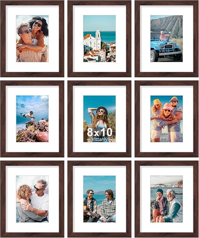 Vittanly 8x10 Picture Frames Set of 9, Shatter Resistant Plexiglass, Display 5x7 Pictures with Mat or 8x10 without Mat, Photo Frames for Wall or Tabletop, Engineered Wood, Walnut