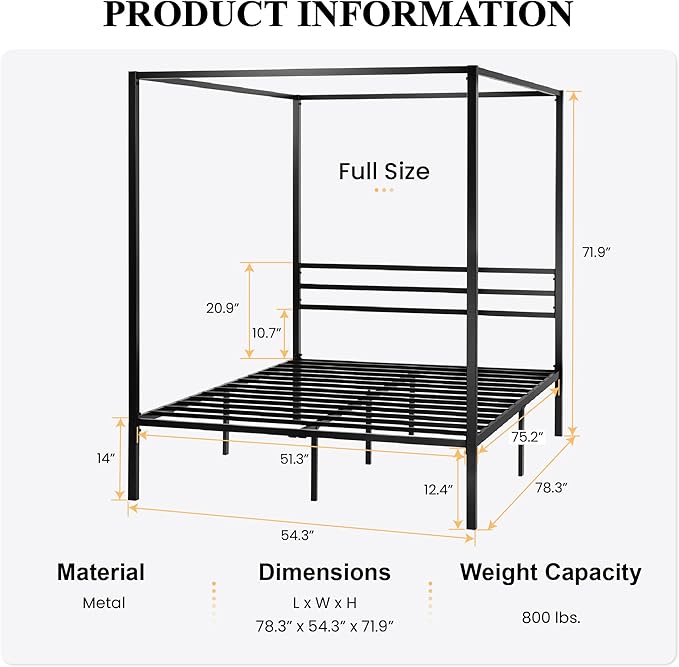 SHA CERLIN Canopy Bed Frame Full Size/Mattress Foundation with Metal Slats Support/No Box Spring Needed/Easy Assembly/Black