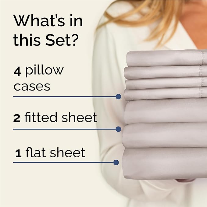 Split King Sheets Set 7 Piece - Includes 4 Pillowcases - Bed Sheets Split King - Soft Hotel Luxury Bedding - Cooling and Breathable - 1 Flat & 2 Fitted & 4 Pillowcases w/ Deep Pockets - Light Grey
