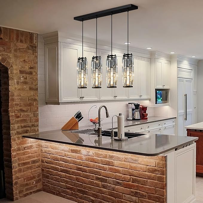 LMQNINE 4 Light Black Pendant Lighting Modern Pendant Light, Mini Crystal Chandeliers,Adjustable Pendant Light Fixture for Kitchen Island Dinning Room Bedroom (Black 4-Light)